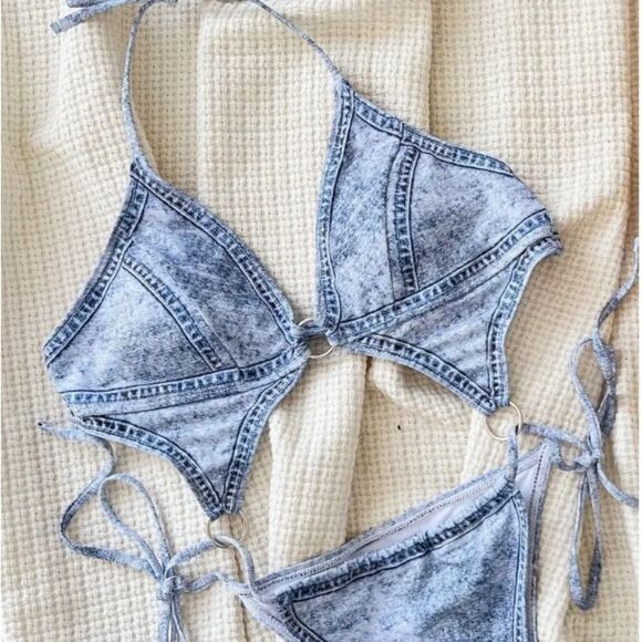 Faux Denim Print Cut Out Halter Sexy Monokini Backless One-piece Swimsuit Beach - Picture 3 of 5